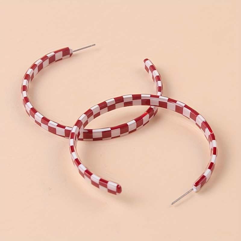 Women's Large Acrylic Checkerboard C-Shaped Hoop Earrings